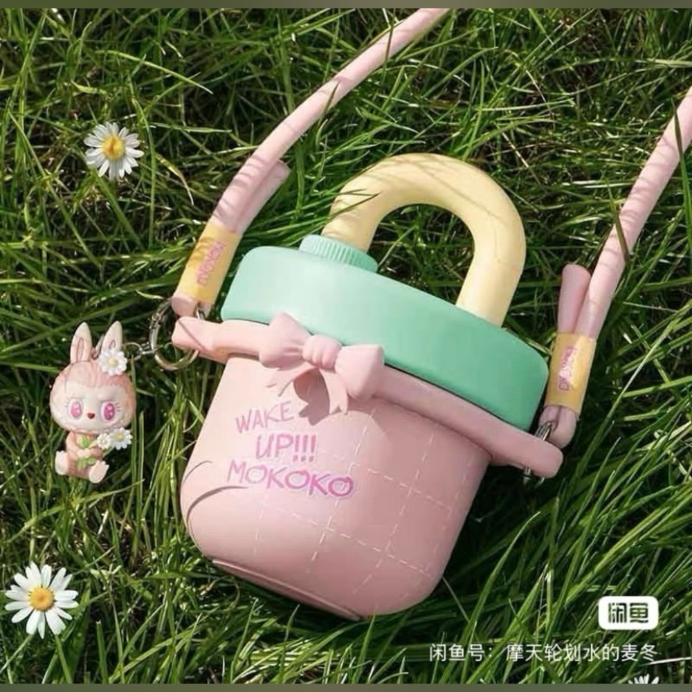Popmart Monsters Labubu Mokoko Pink Water Bottle New Portable Crossbody Vacuum